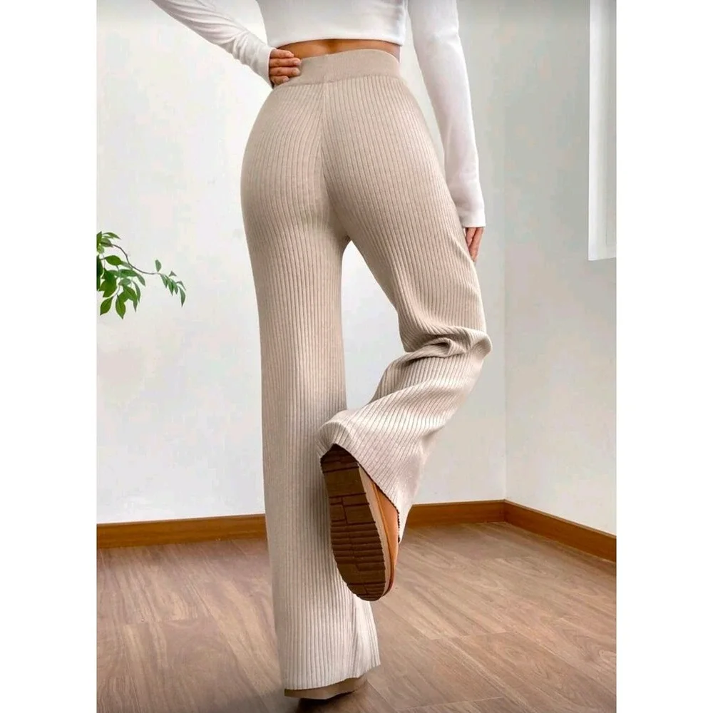 Womens Ribbed Knit Flare‎ Pants Beige High Waisted Wide Leg Casual Lounge